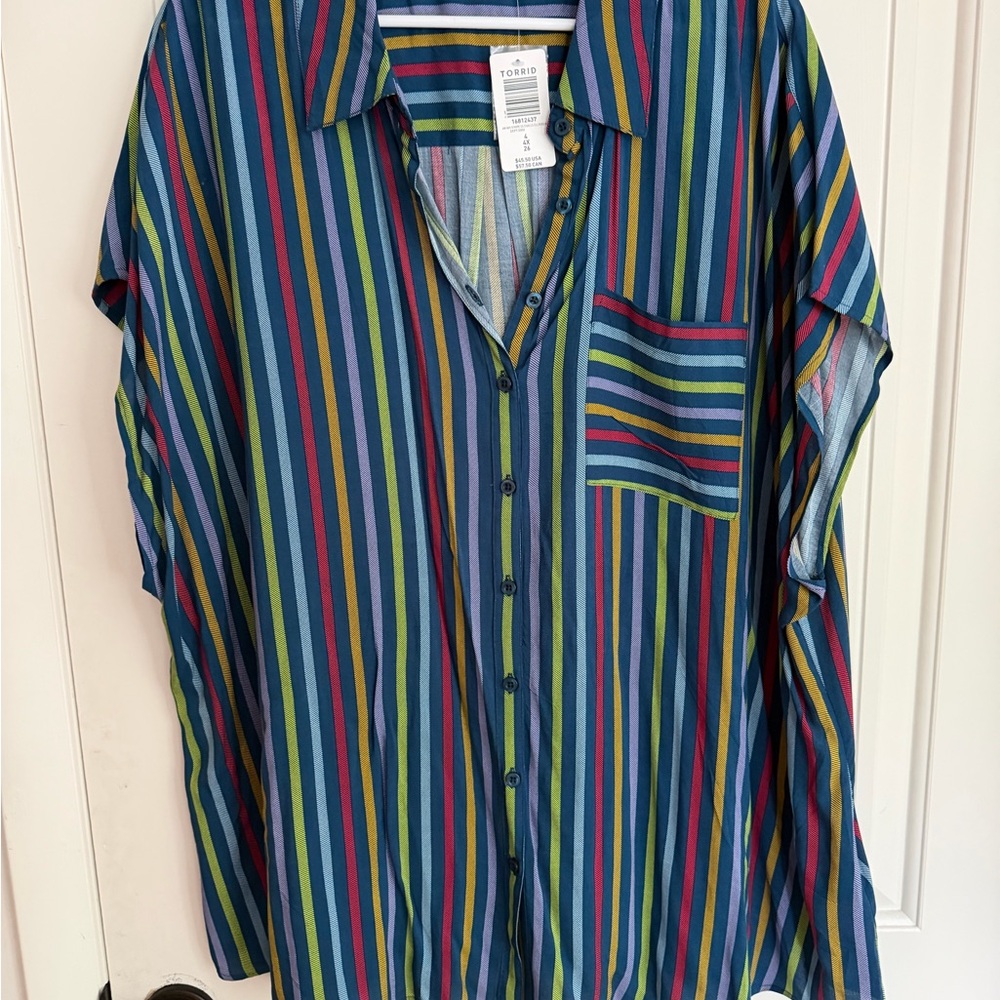 torrid Multicolor Vertical Stripe Button-Down Shirt - Blue, Green, Red, Yellow